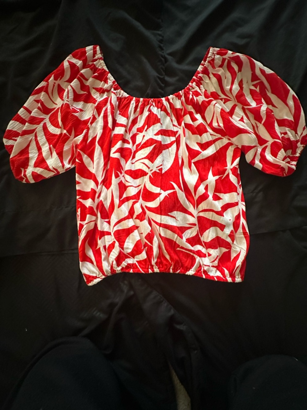 Grace Red and White Off-Shoulder Puff Sleeve Crop Top